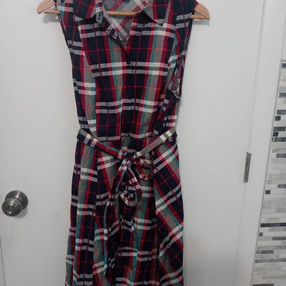 Torrid 2 Sleeveless Pullover Navy blue Red Plaid collared Shirt Dress w Belt - Picture 6 of 7